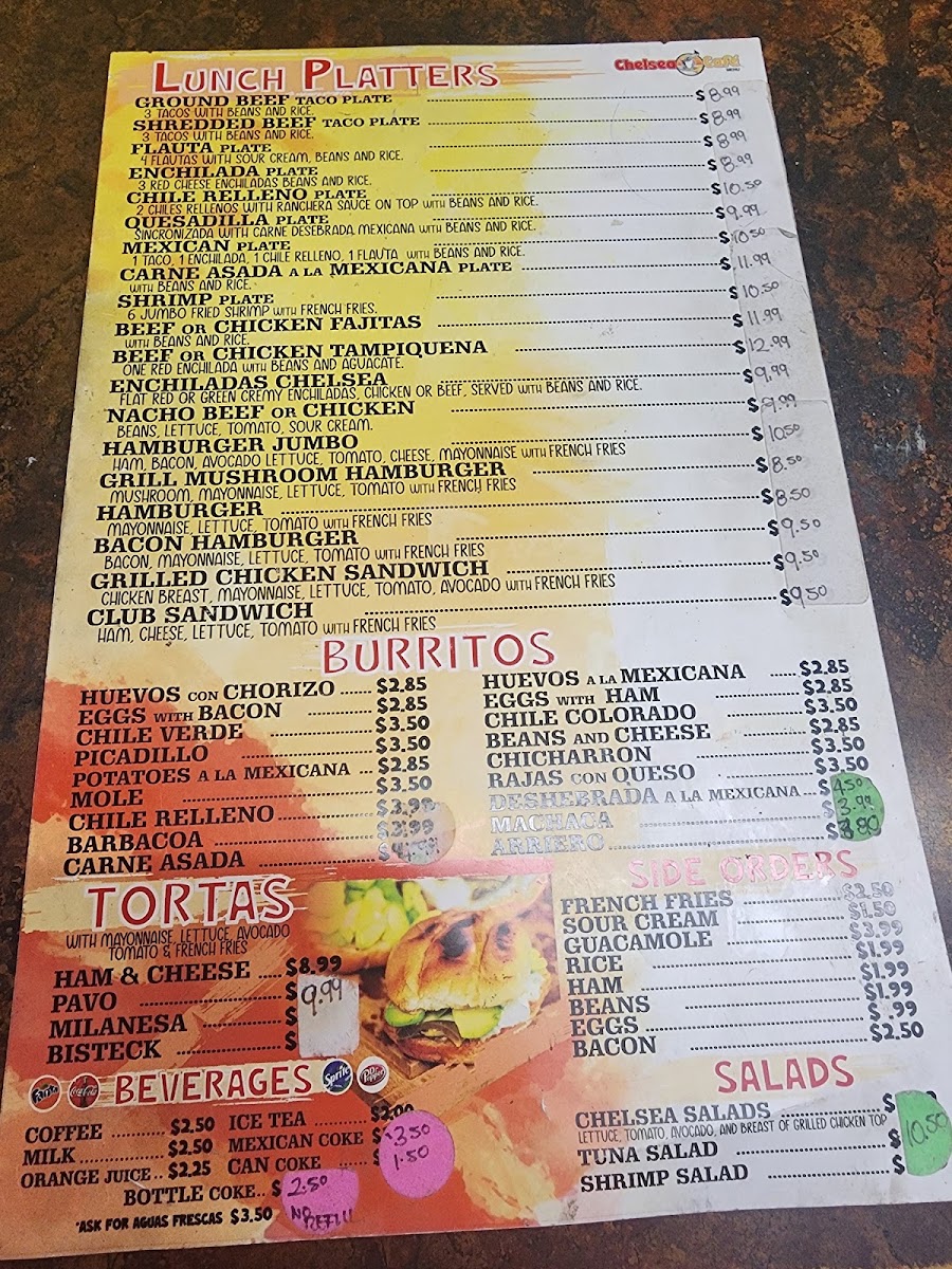 Chelsea Cafe Mexican Restaurant menu board