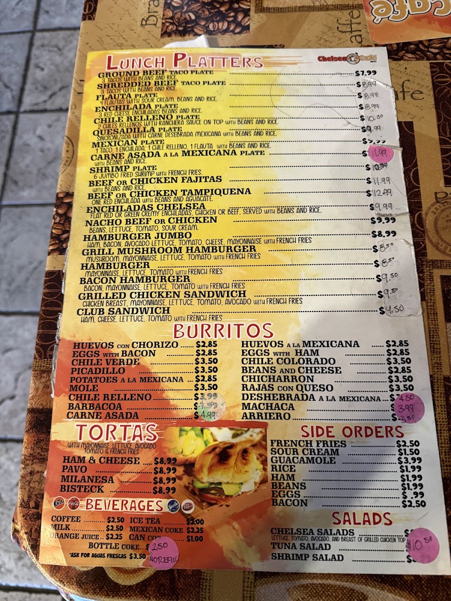 Chelsea Cafe Mexican Restaurant menu board