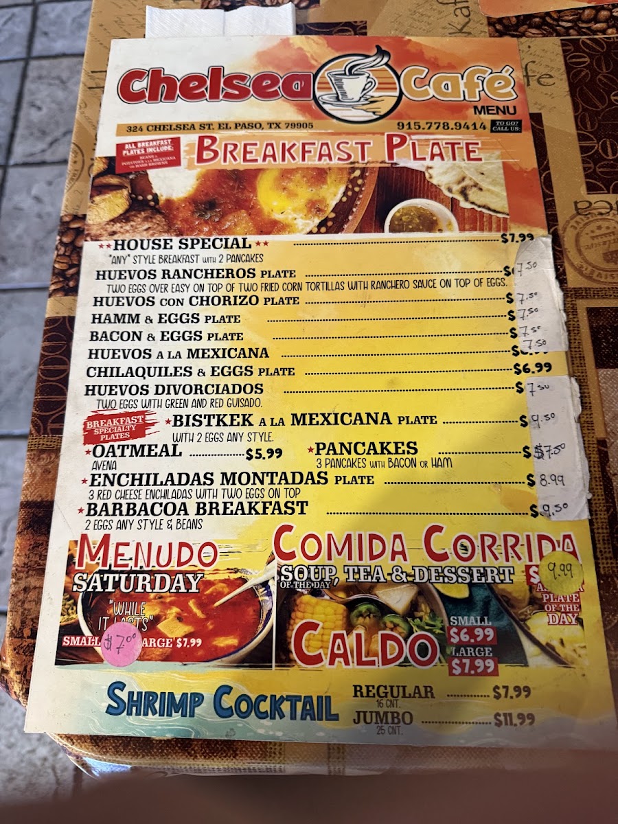 Chelsea Cafe Mexican Restaurant menu board