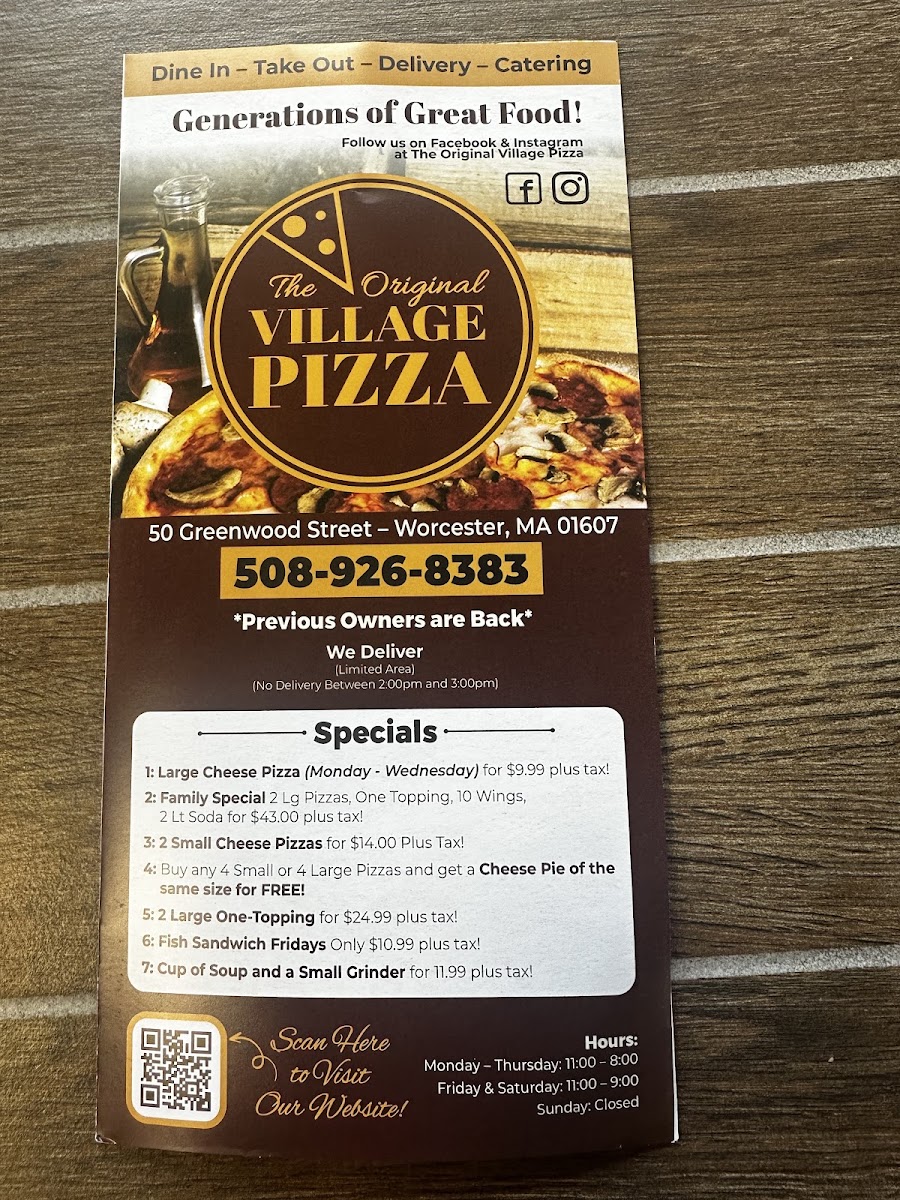 The Original Village Pizza menu board