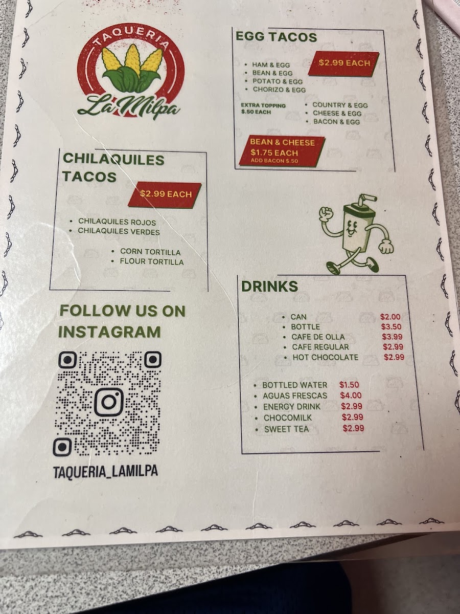 Taqueria La Milpa menu board