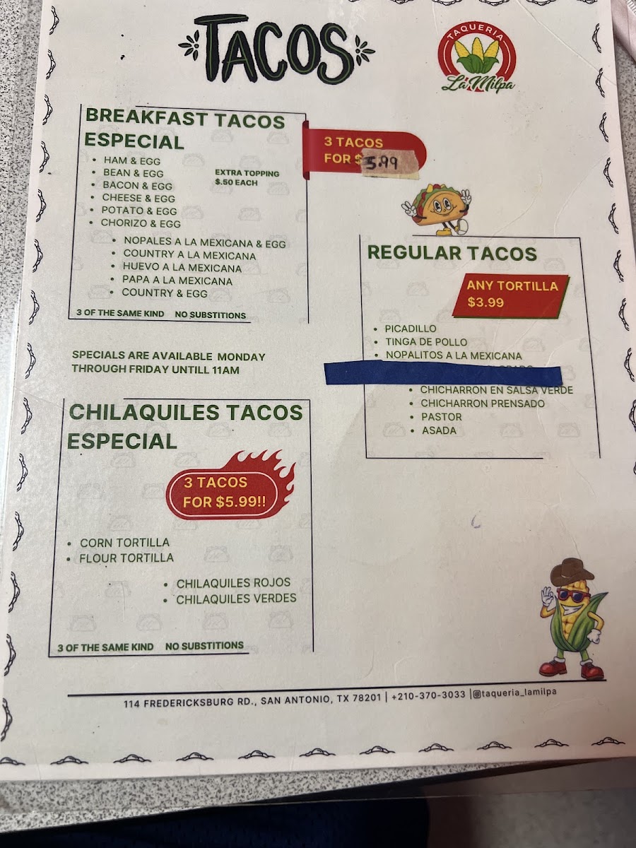 Taqueria La Milpa menu board