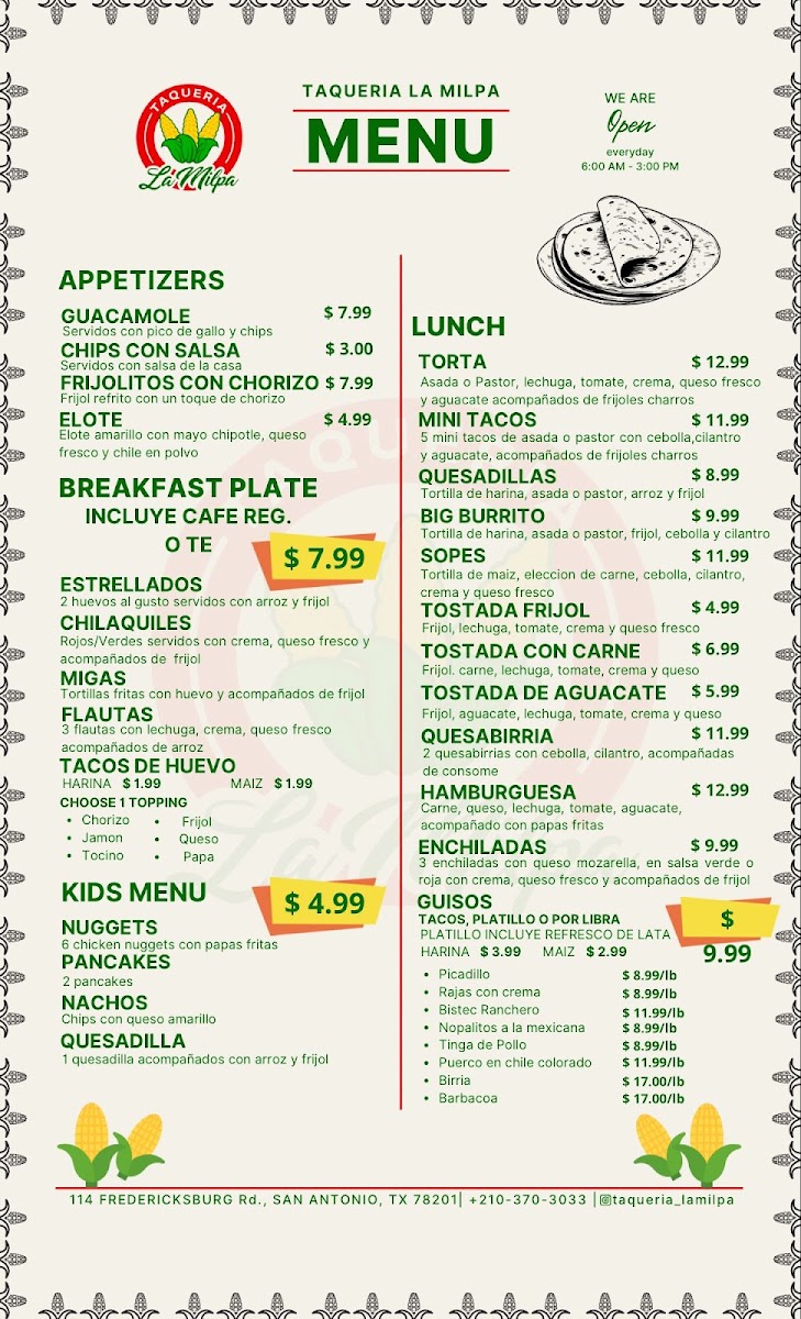 Taqueria La Milpa menu board