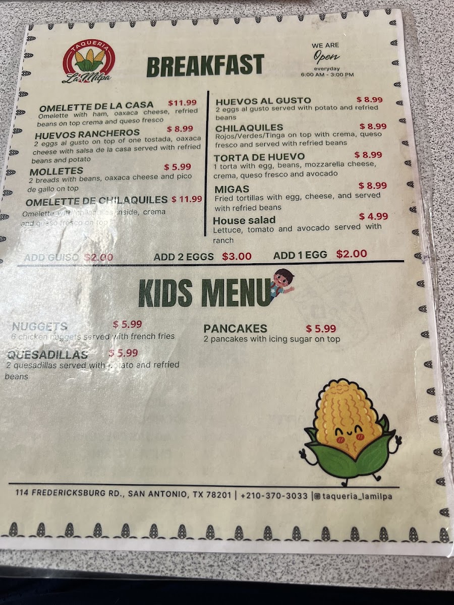 Taqueria La Milpa menu board