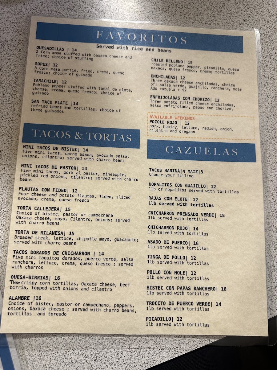 Taqueria La Milpa menu board