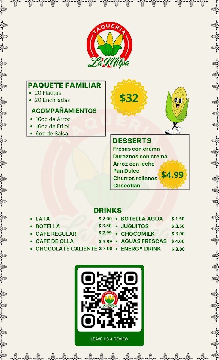 Taqueria La Milpa menu board