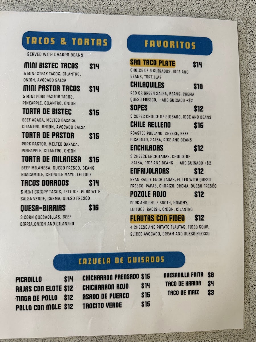 Taqueria La Milpa menu board