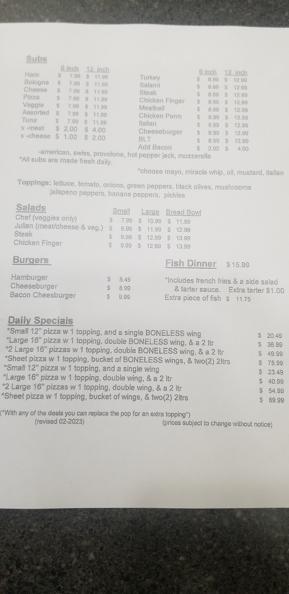 Big John's Pizza menu board