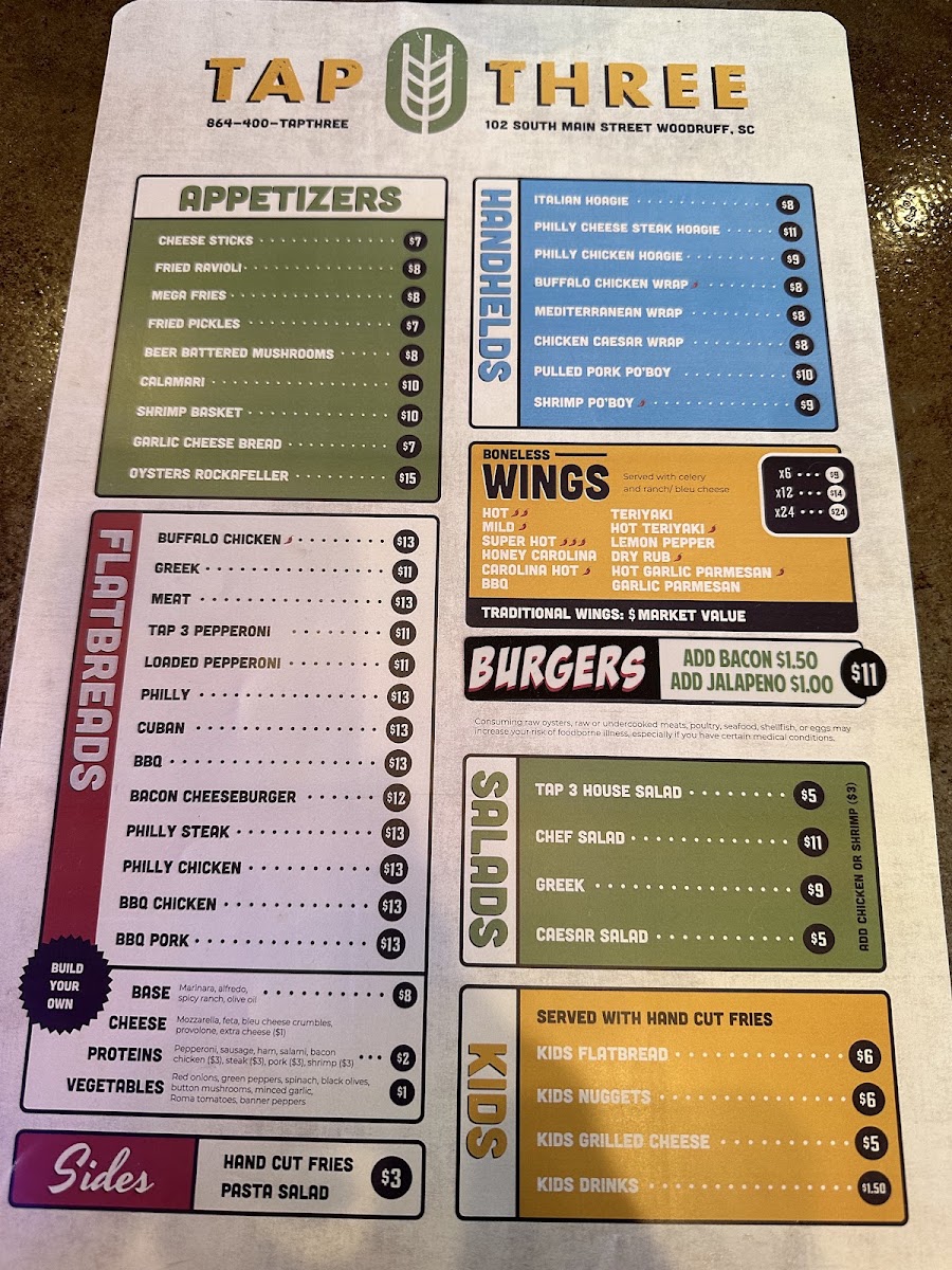 TAP THREE menu board