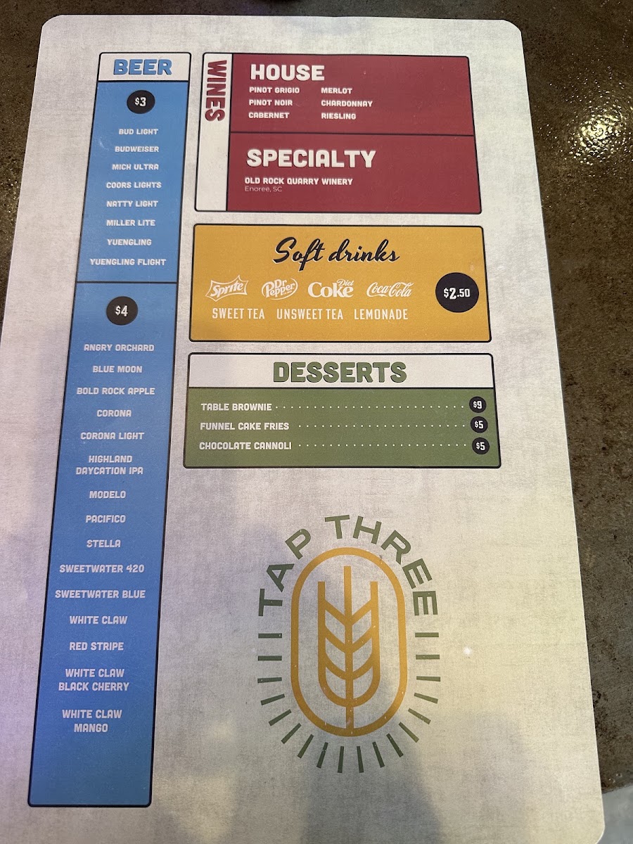 TAP THREE menu board