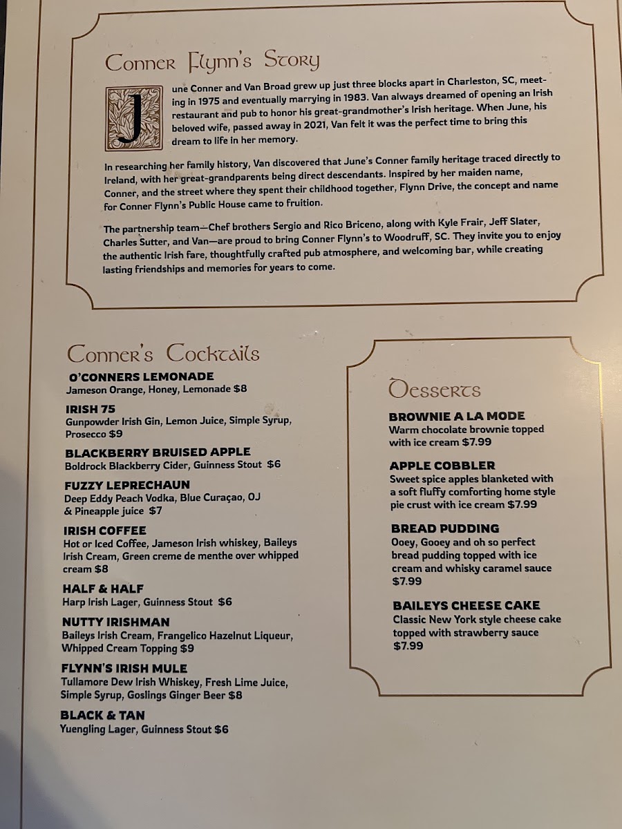Conner Flynn's Public House menu board