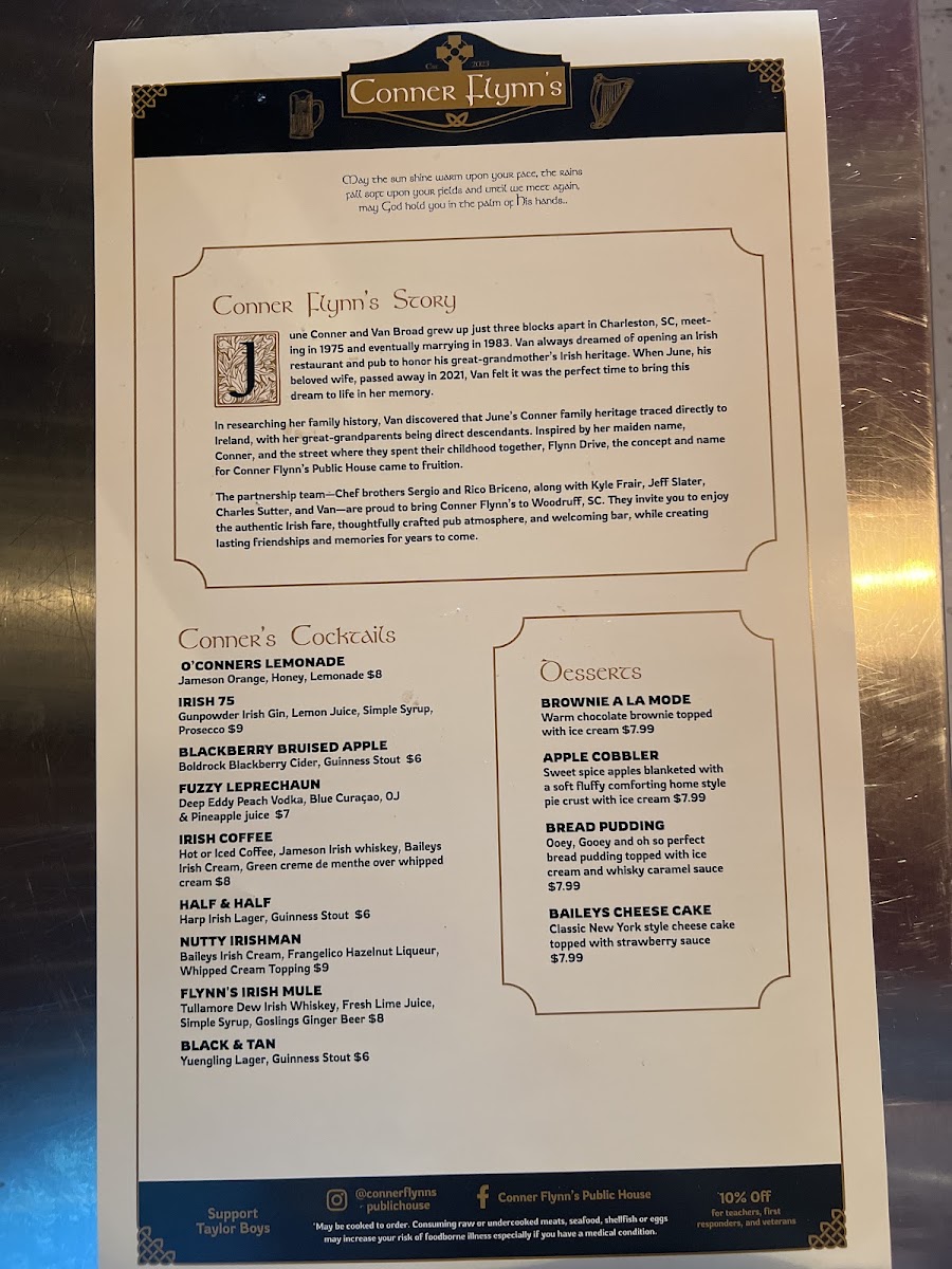 Conner Flynn's Public House menu board