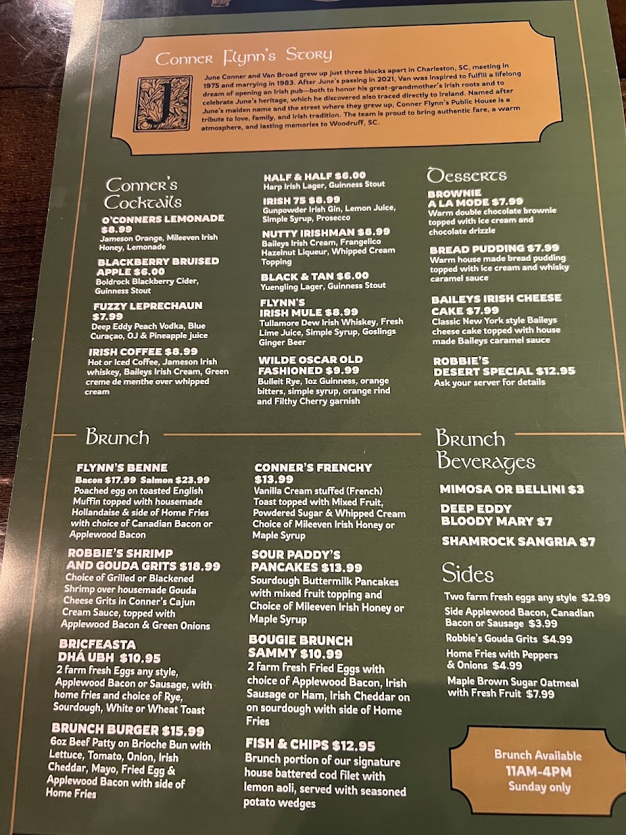 Conner Flynn's Public House menu board