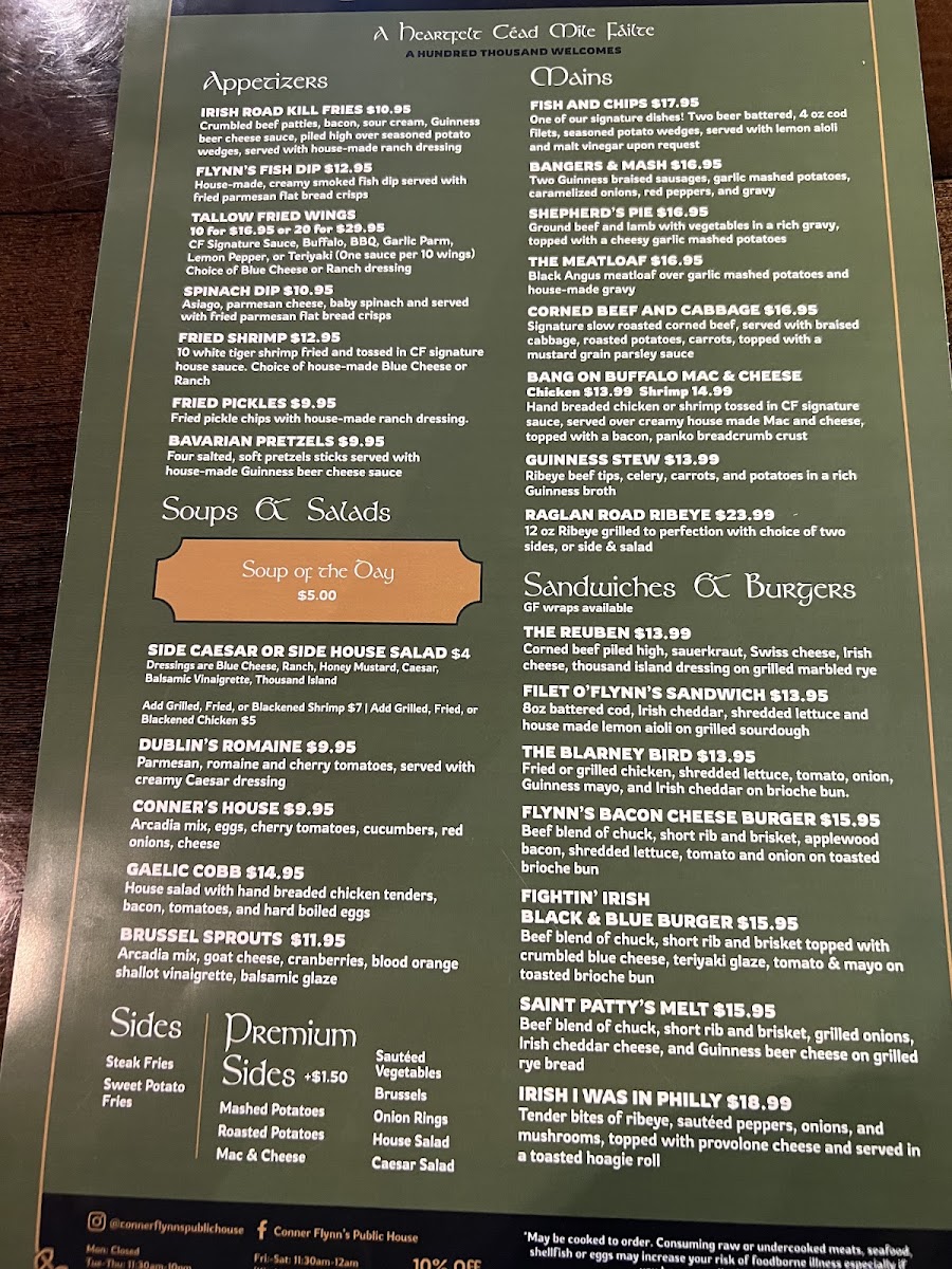 Conner Flynn's Public House menu board