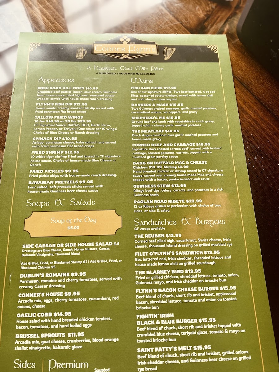 Conner Flynn's Public House menu board