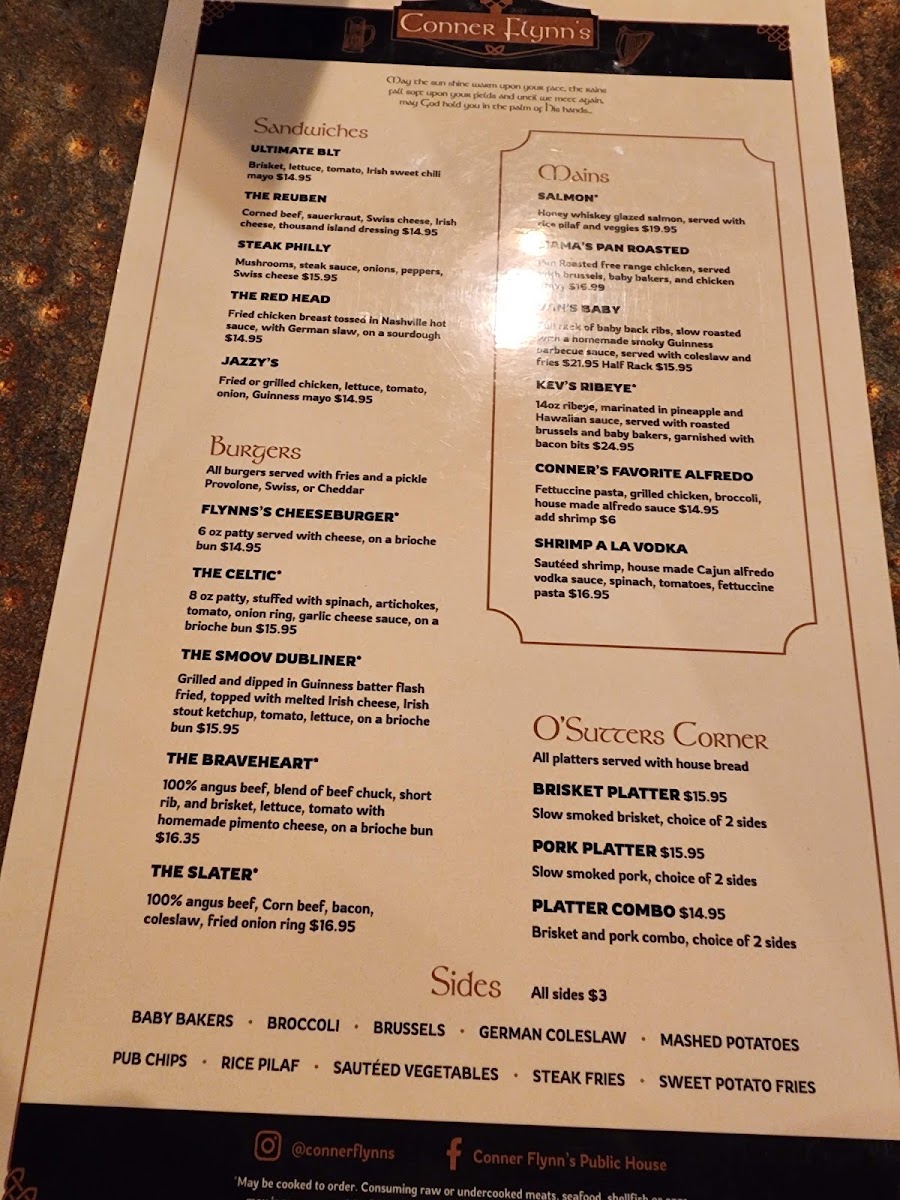 Conner Flynn's Public House menu board