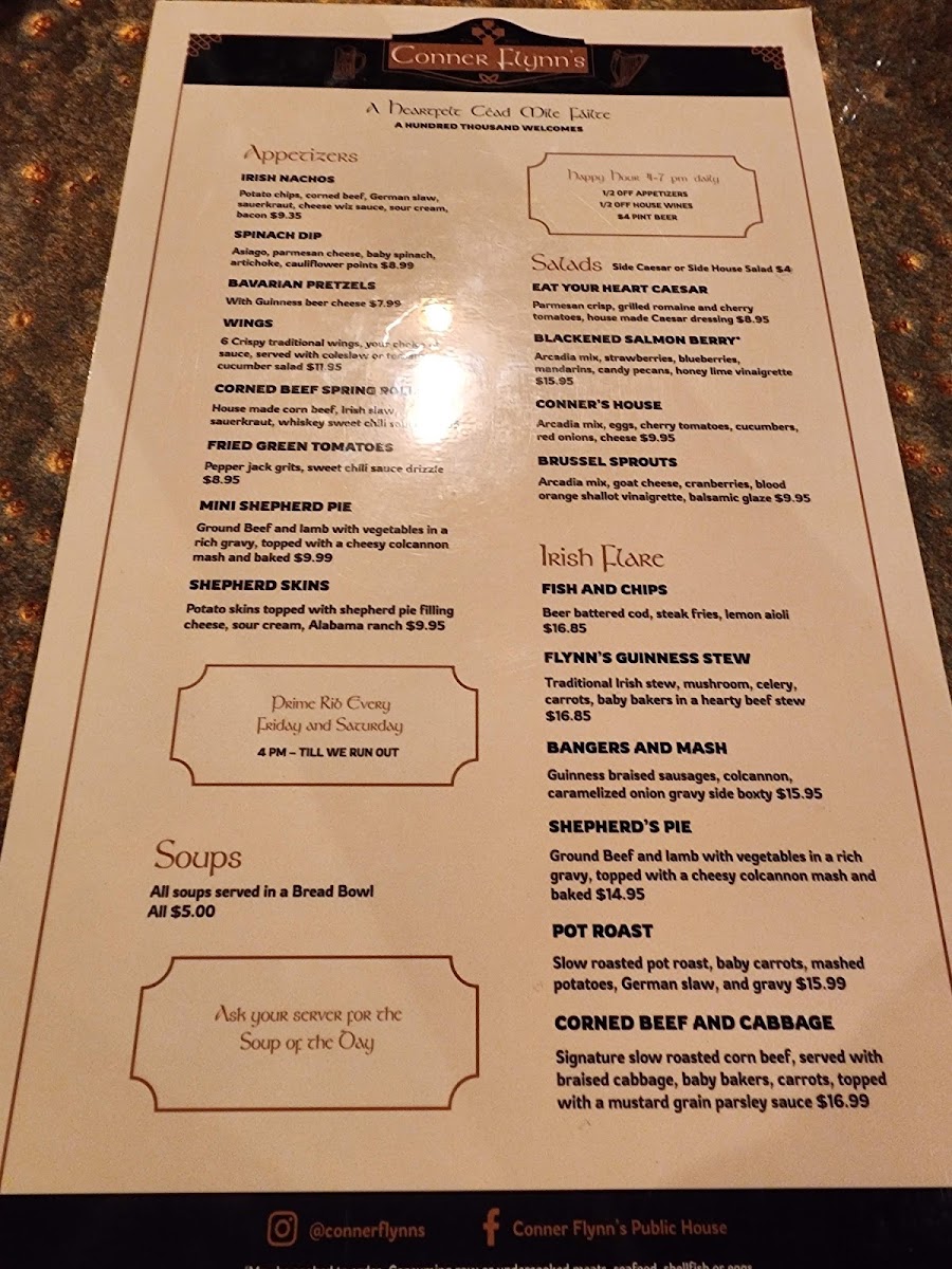 Conner Flynn's Public House menu board