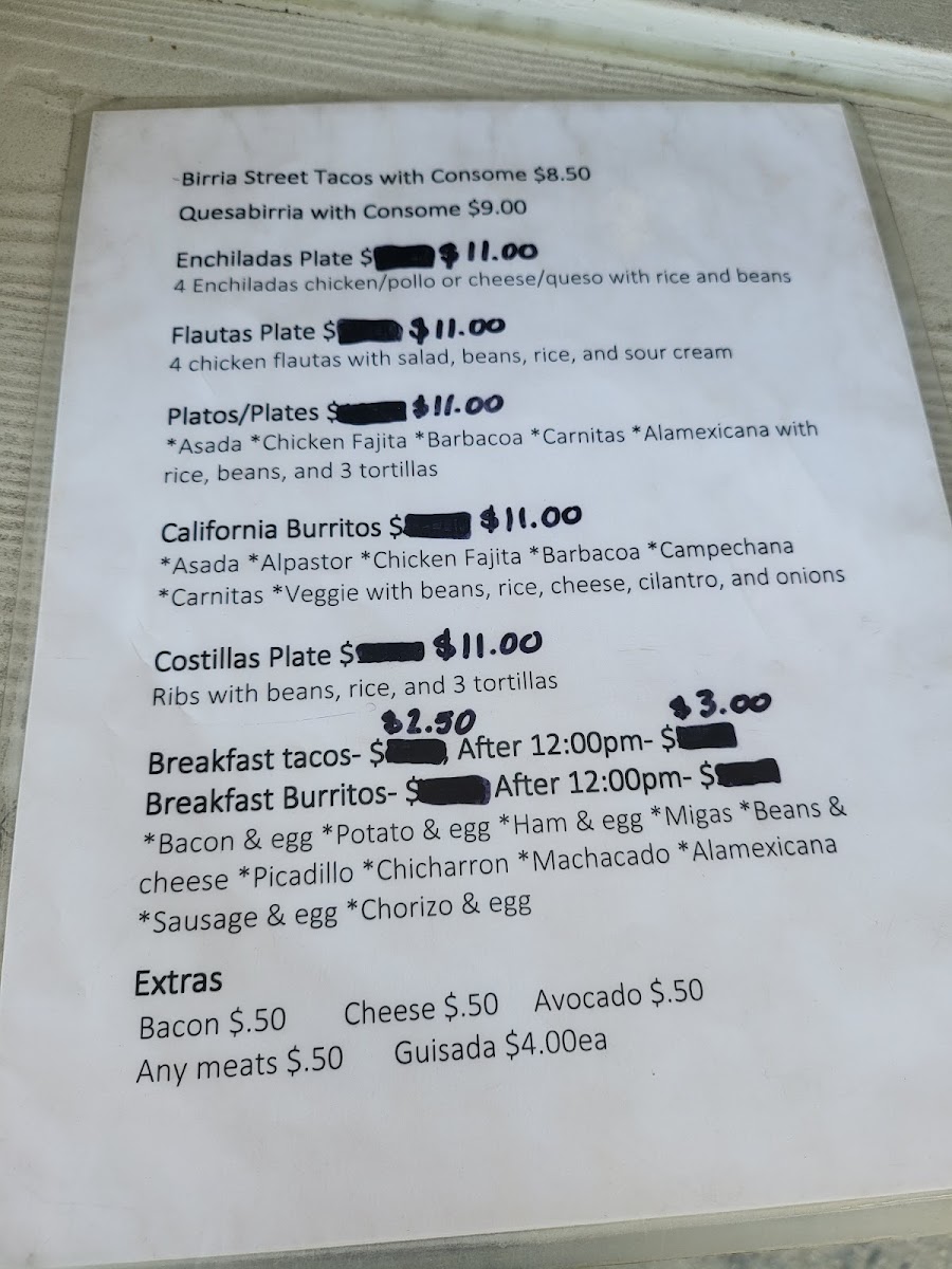 Taqueria Taco Rico menu board