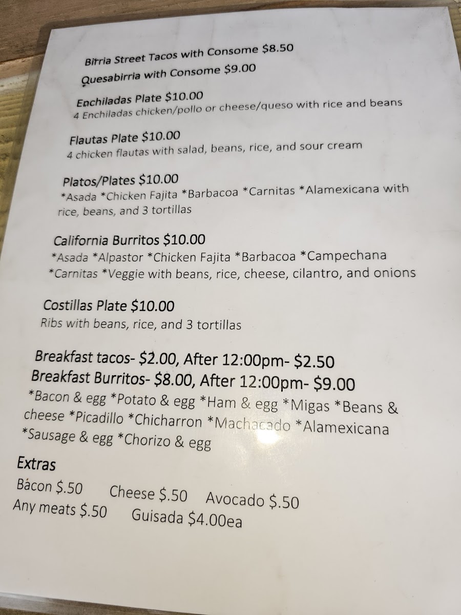 Taqueria Taco Rico menu board