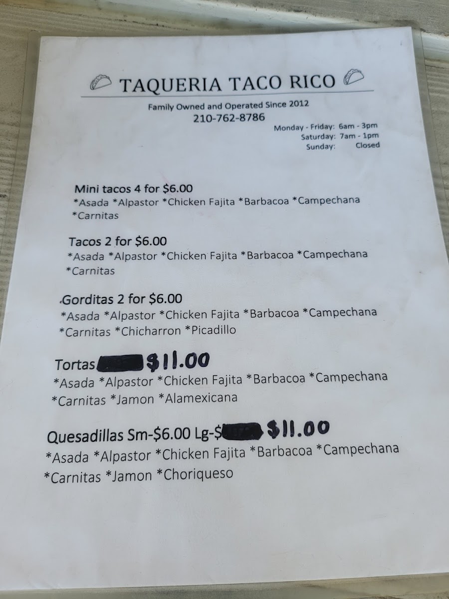 Taqueria Taco Rico menu board