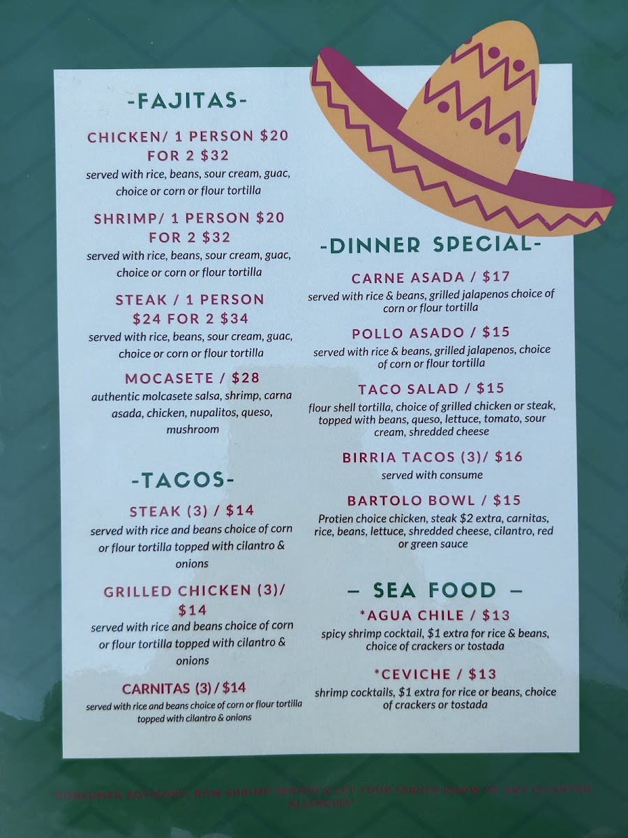 Bartolo's Bar & Grill menu board