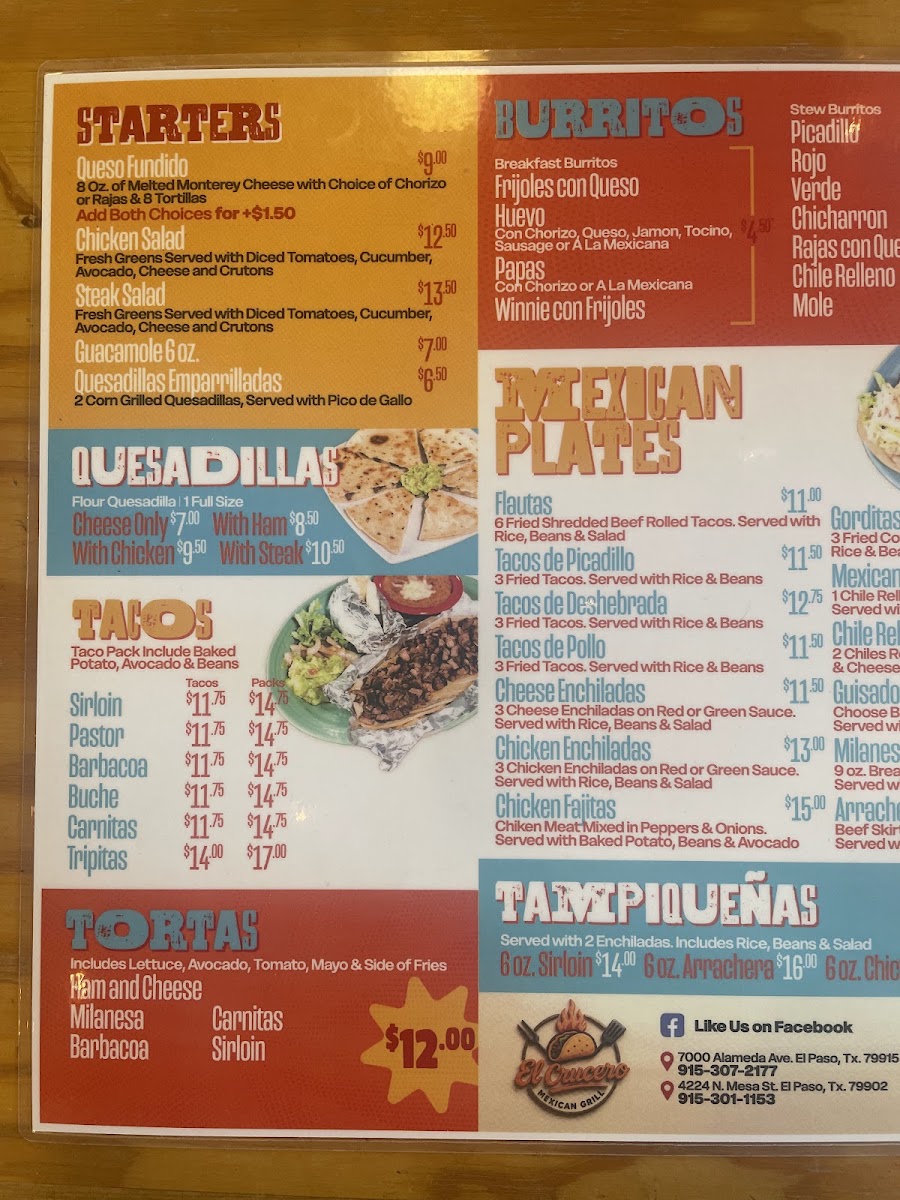 El Crucero Restaurant menu board