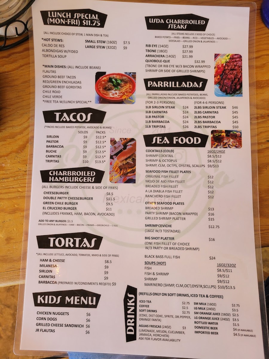 El Crucero Restaurant menu board