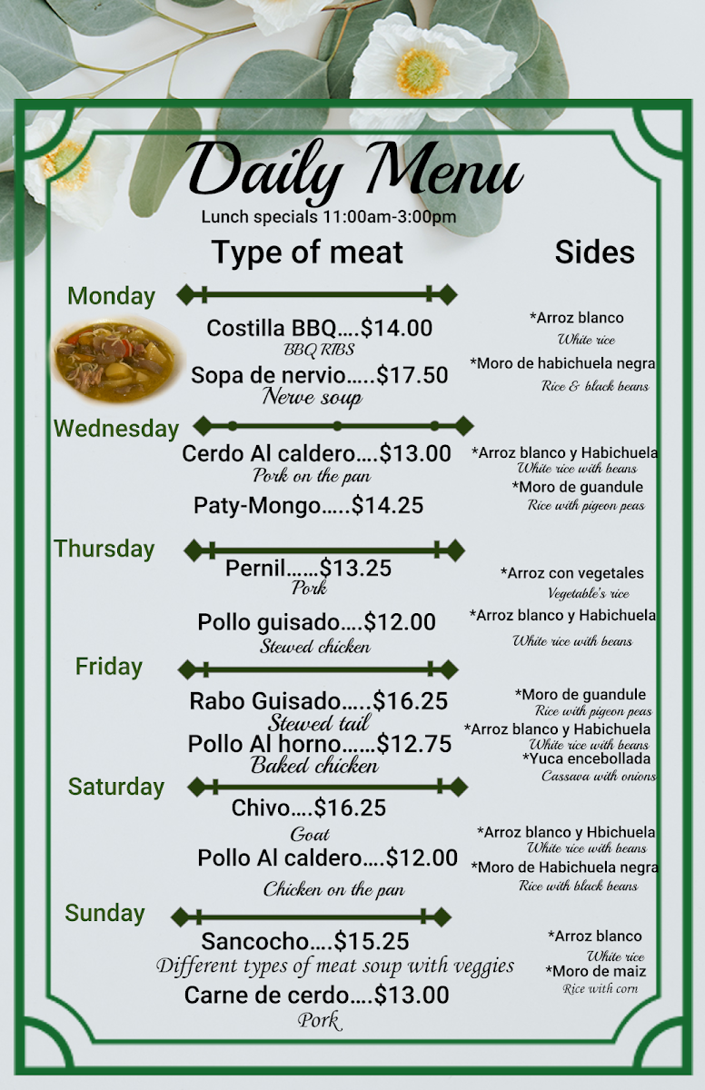 El Pilón Bar & Resturant menu board