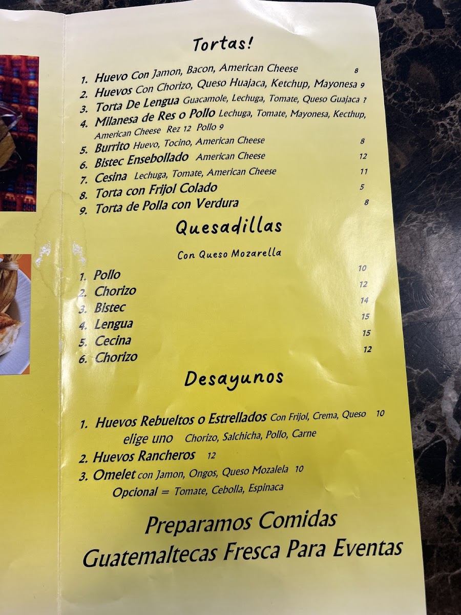 El Sabor De Mi Guatemala Restaurant menu board
