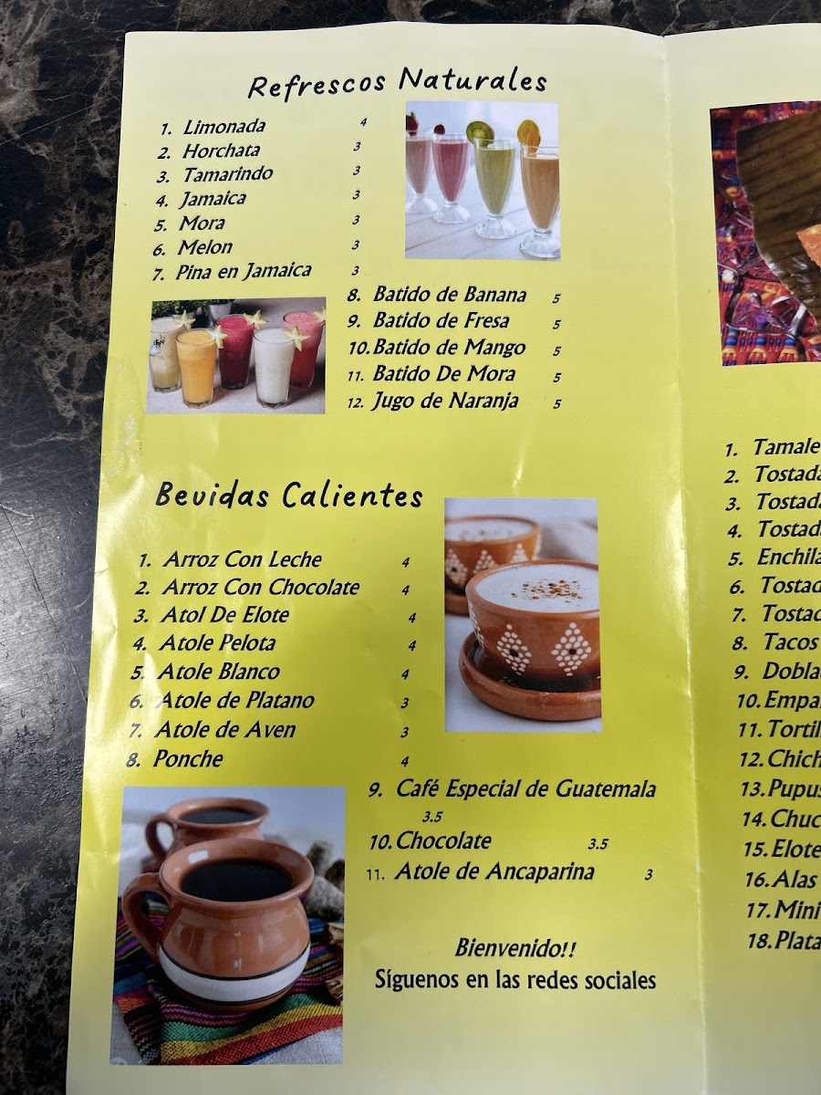El Sabor De Mi Guatemala Restaurant menu board