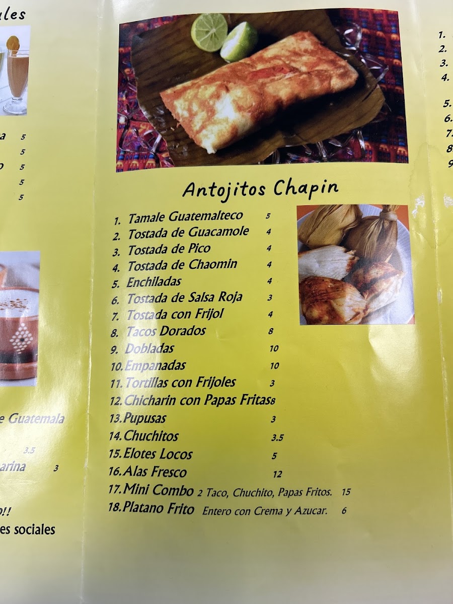 El Sabor De Mi Guatemala Restaurant menu board