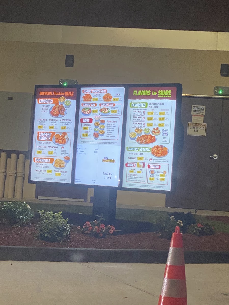 Pollo Campero menu board