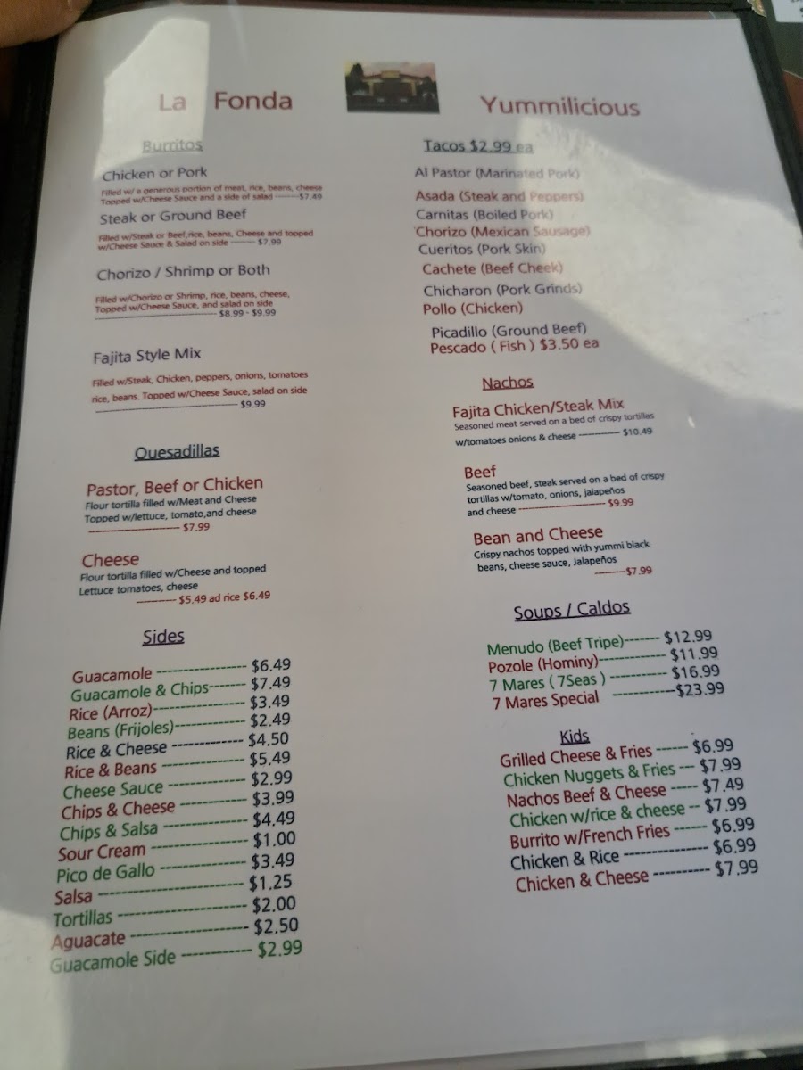 La Fonda Yummilicious Taqueria menu board