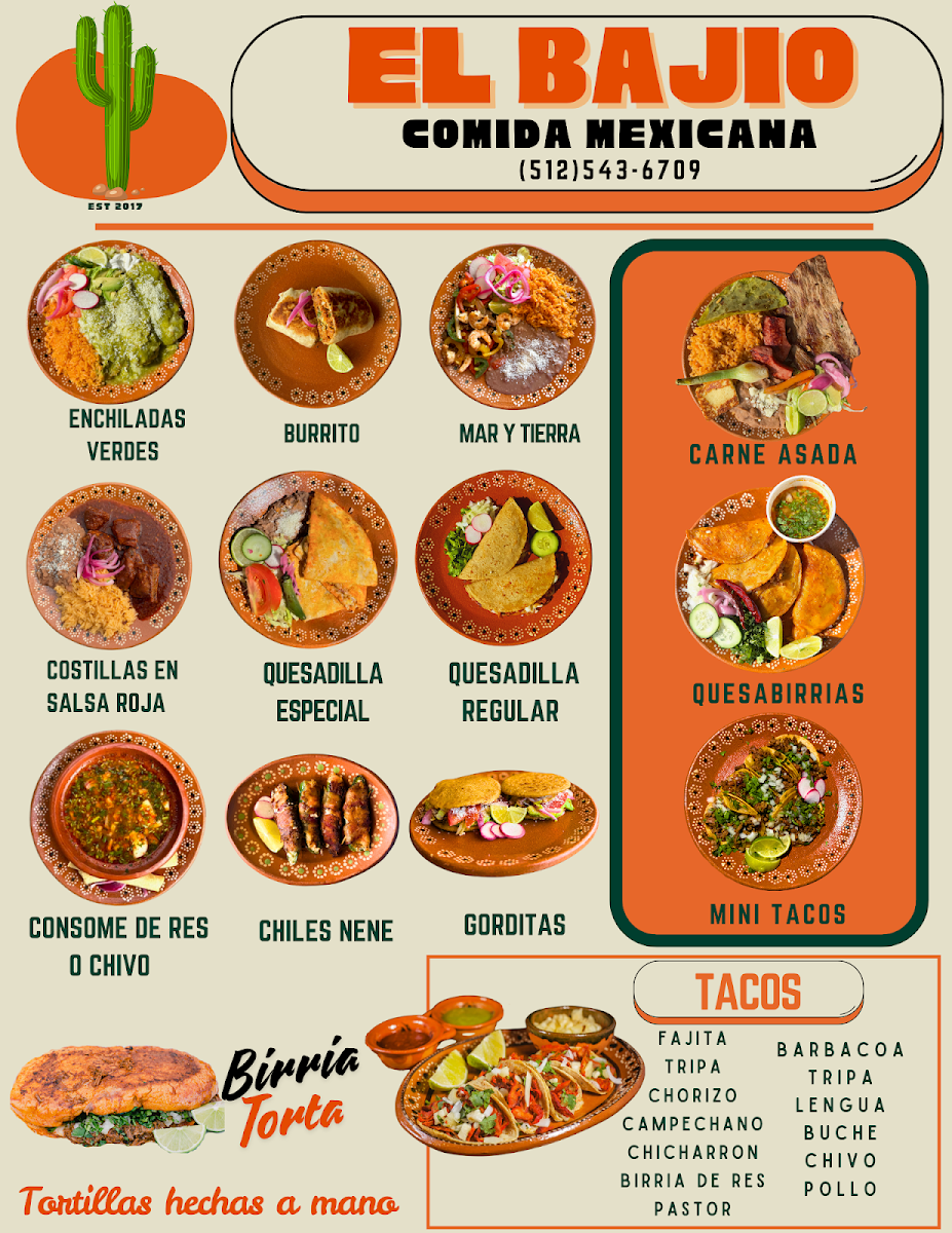 El Bajío Mexican Food Truck (large orange truck) menu board