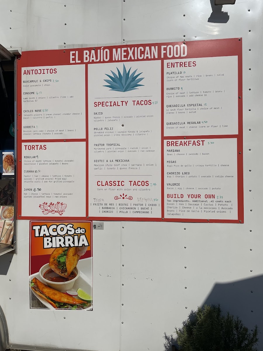 El Bajío Mexican Food Truck (large orange truck) menu board