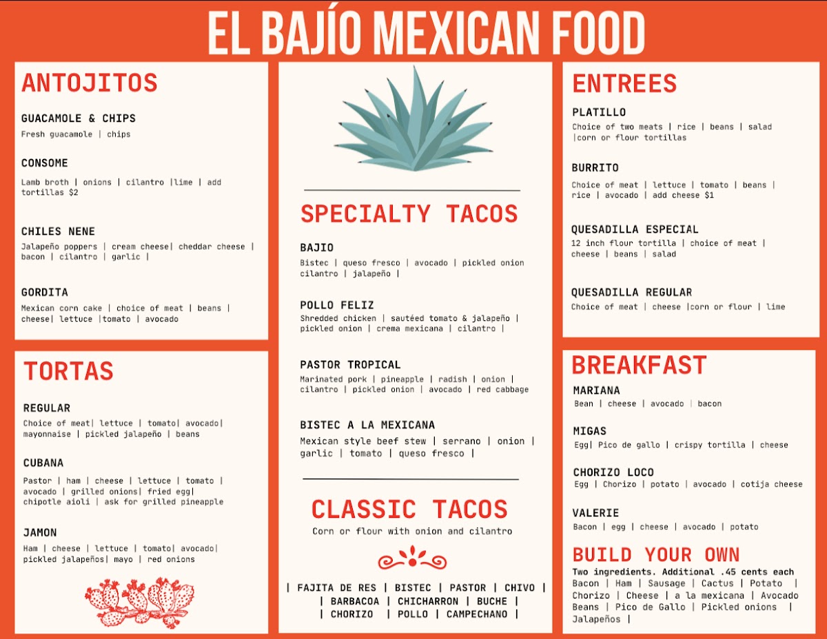 El Bajío Mexican Food Truck (large orange truck) menu board