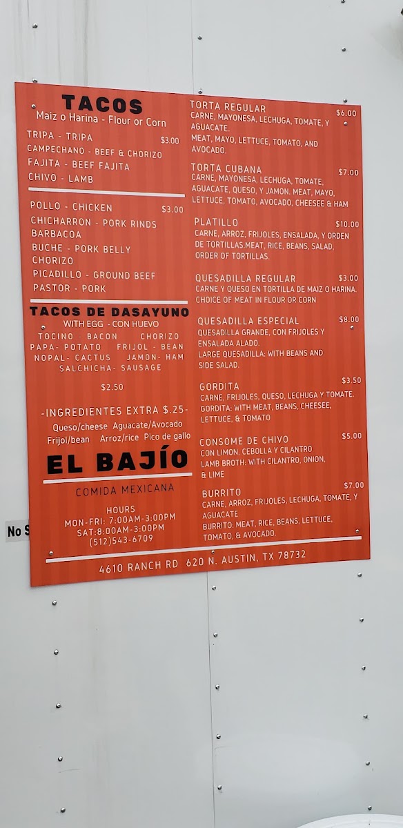 El Bajío Mexican Food Truck (large orange truck) menu board
