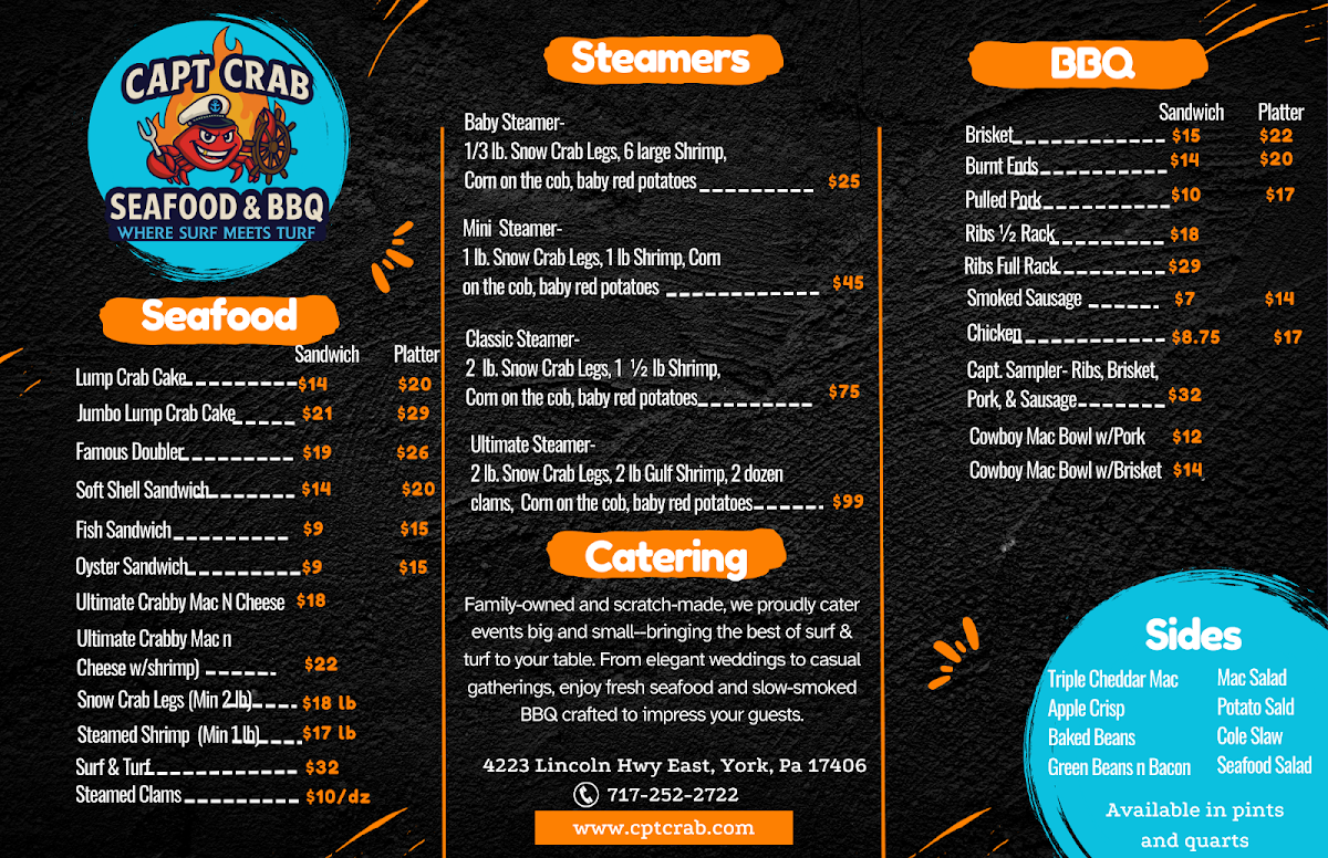 Captain Crab Seafood & BBQ menu board