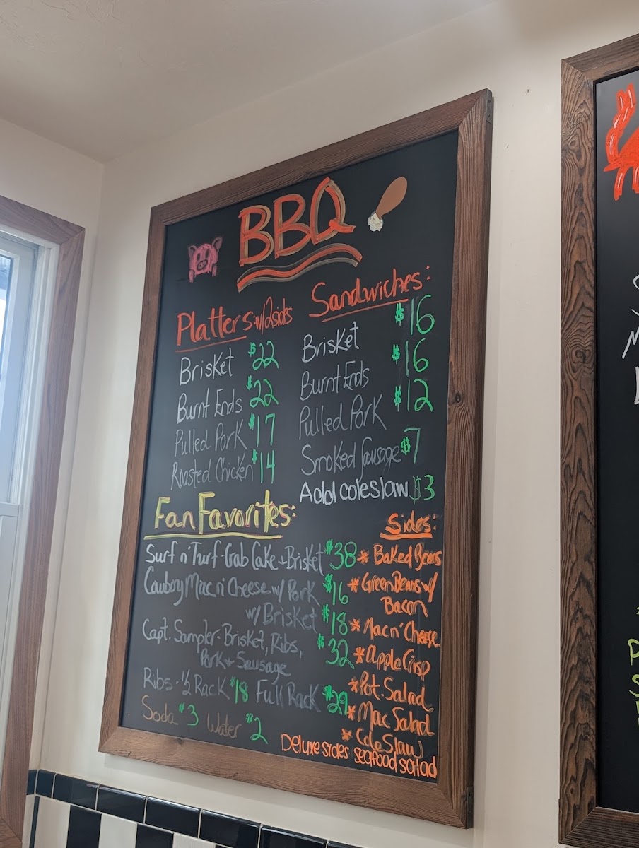 Captain Crab Seafood & BBQ menu board