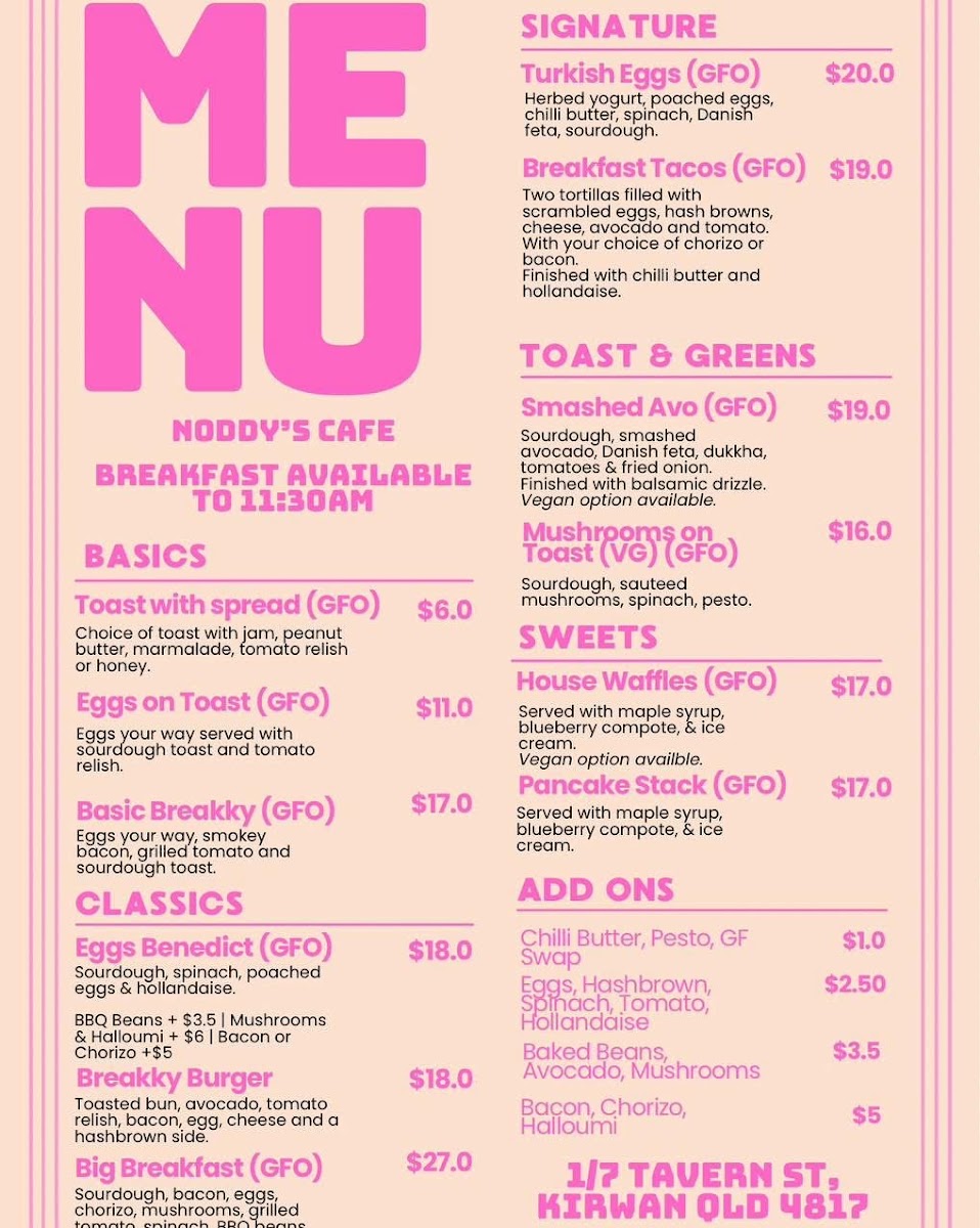 Noddy's Cakes & Cafe menu board