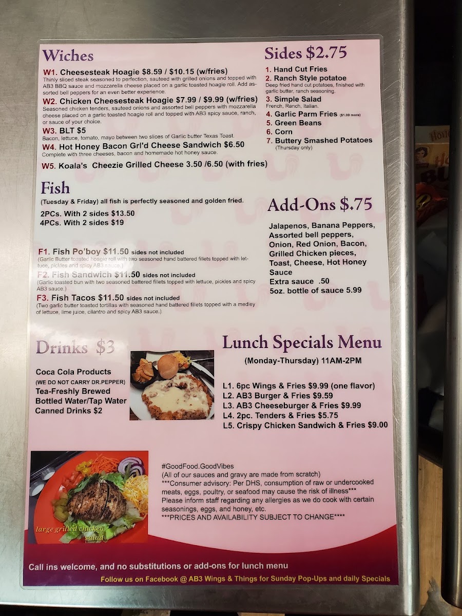 AB3 Wings & Things menu board