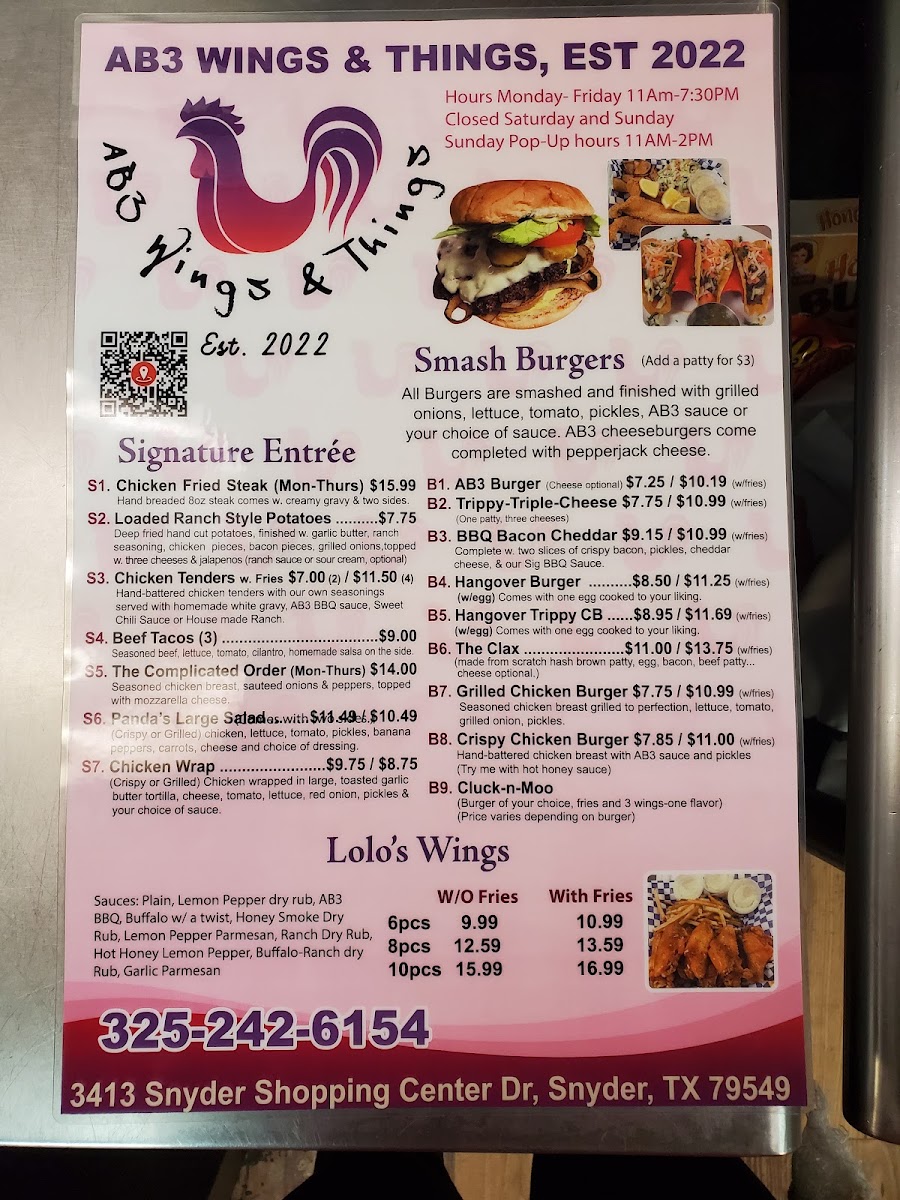 AB3 Wings & Things menu board