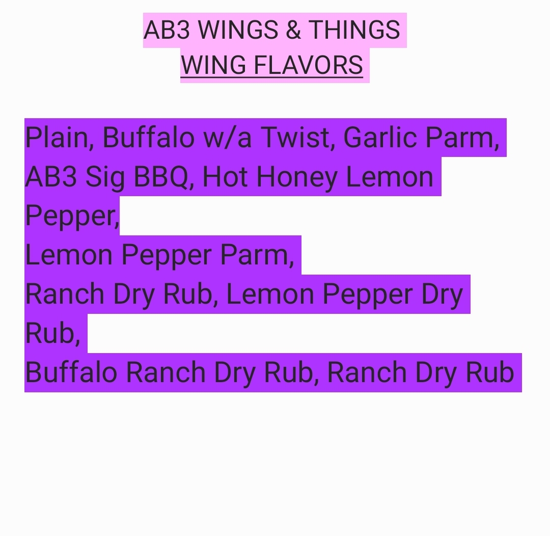 AB3 Wings & Things menu board