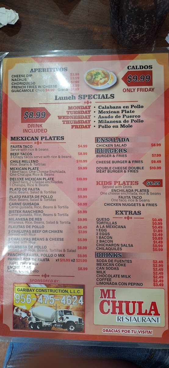 Mi Chula #3 menu board