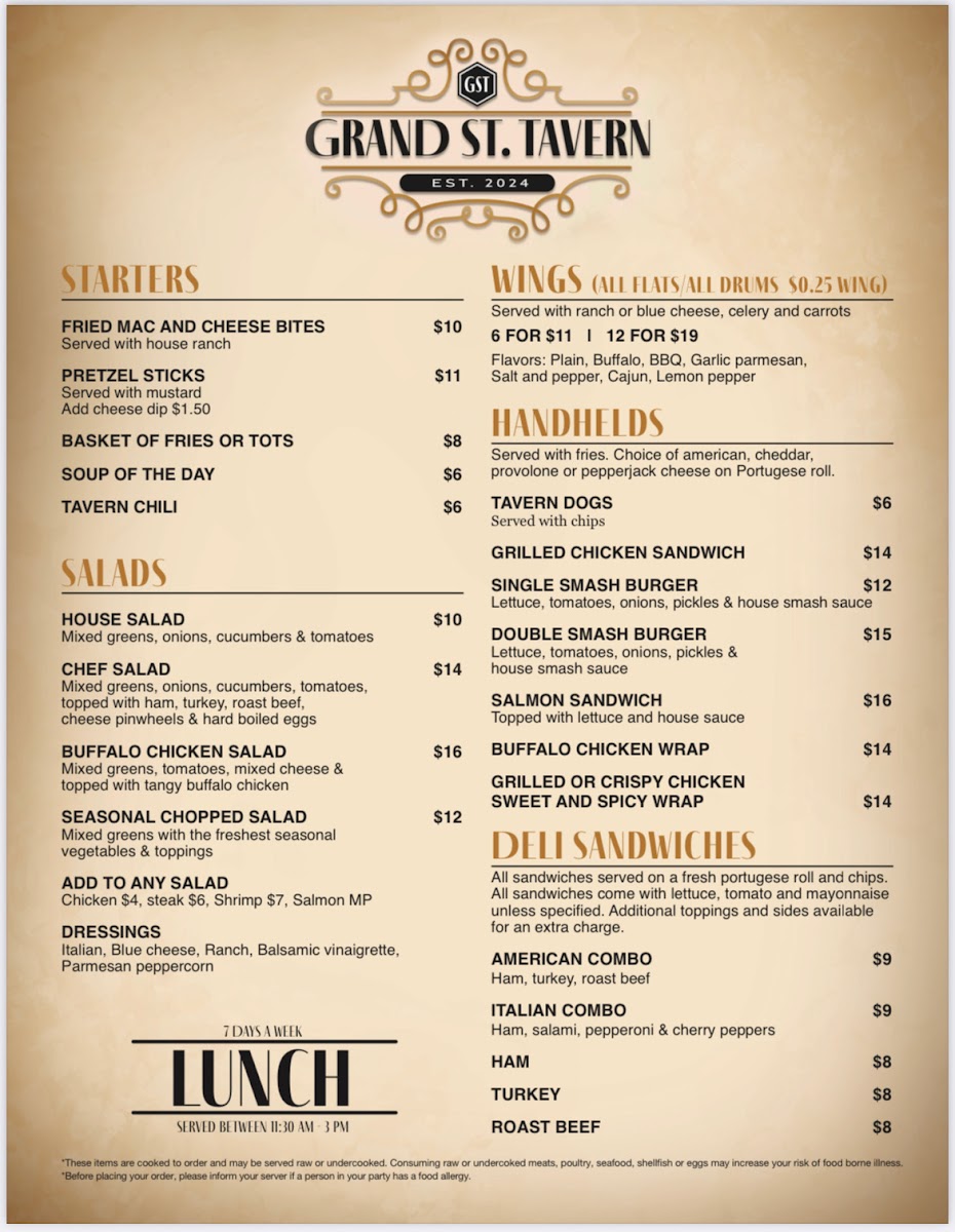 Grand St. Tavern menu board