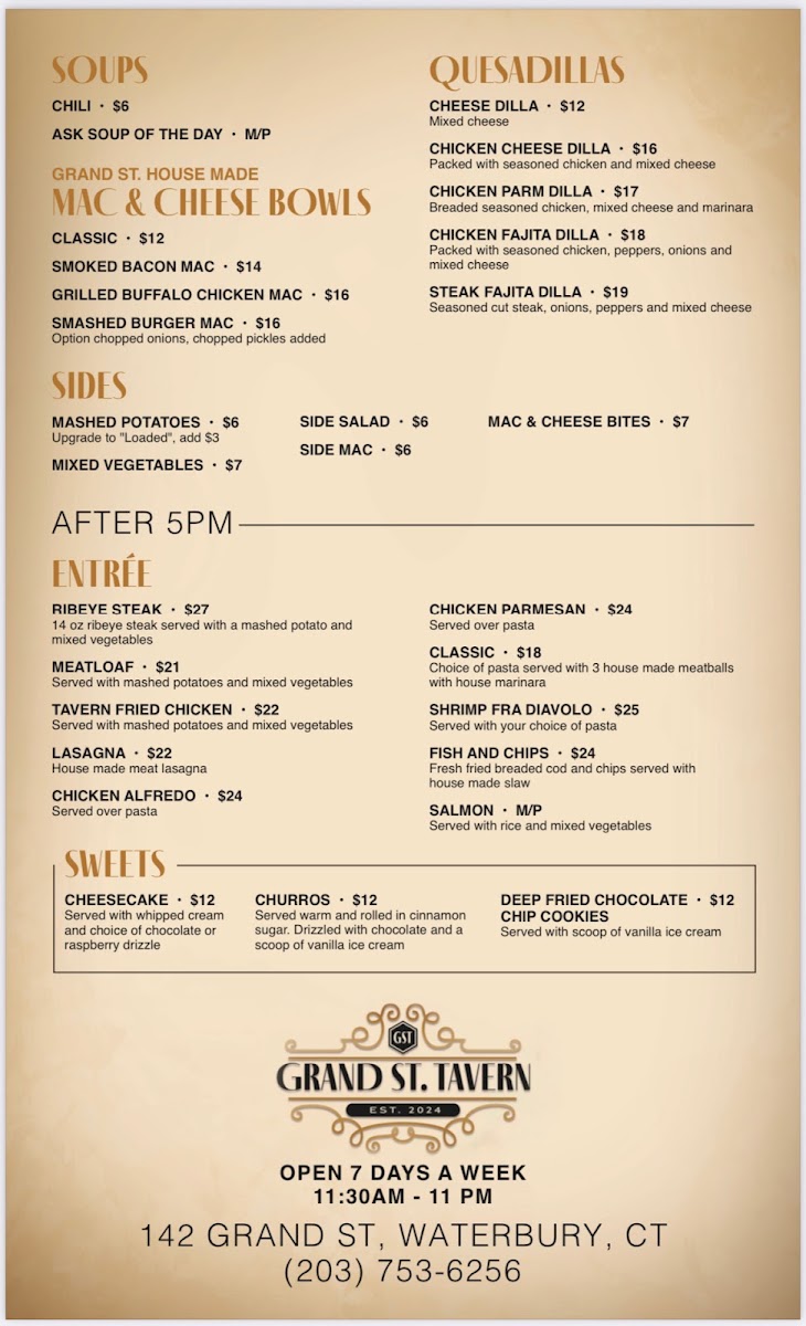 Grand St. Tavern menu board