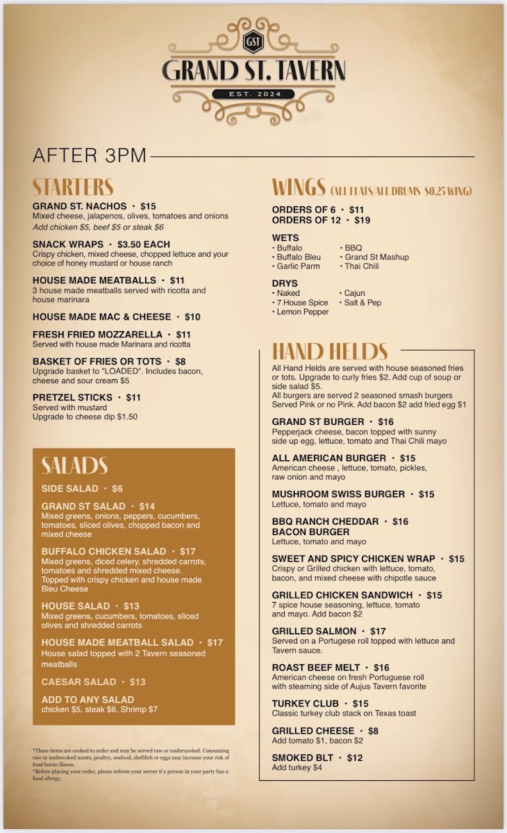 Grand St. Tavern menu board