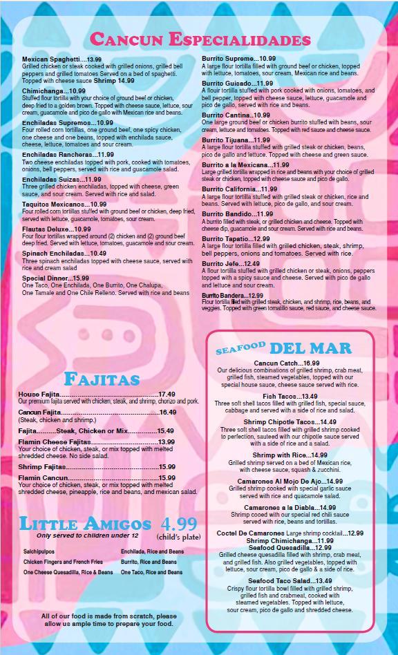 Cancun Cantina and Grill LLC menu board