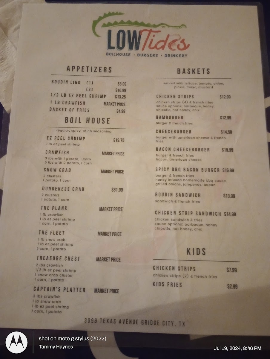 Low Tides menu board