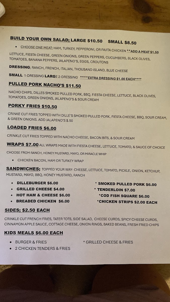 Dille's Smoked Meats and Dillescious Treats menu board